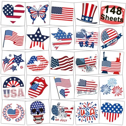 CHARLENT 4th of July Temporary Tattoos - 148 Individually Wrapped American Flag Tattoos for Kids, Women, Men - Independence Day Party Decorations and USA Party Favors - görsel 2