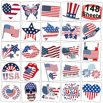 CHARLENT 4th of July Temporary Tattoos - 148 Individually Wrapped American Flag Tattoos for Kids, Women, Men - Independence Day Party Decorations and USA Party Favors