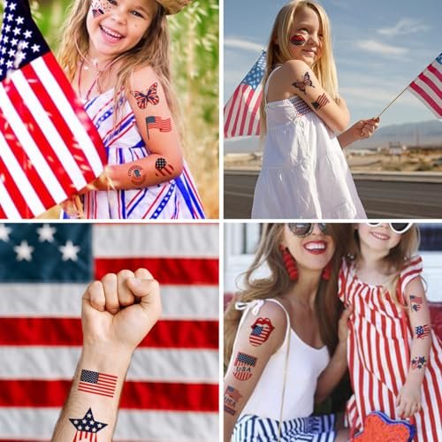 CHARLENT 4th of July Temporary Tattoos - 148 Individually Wrapped American Flag Tattoos for Kids, Women, Men - Independence Day Party Decorations and USA Party Favors - görsel 8