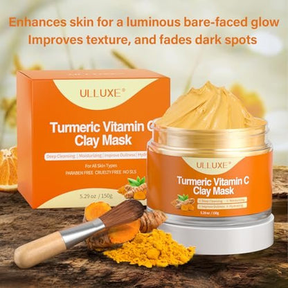 ulluxe Turmeric Vitamin C Clay Mask for Dark Spots, Dull Skin, Moisturizing - Face Mask for Pores, Blackheads, Uneven Skin Tone (5.29 oz)