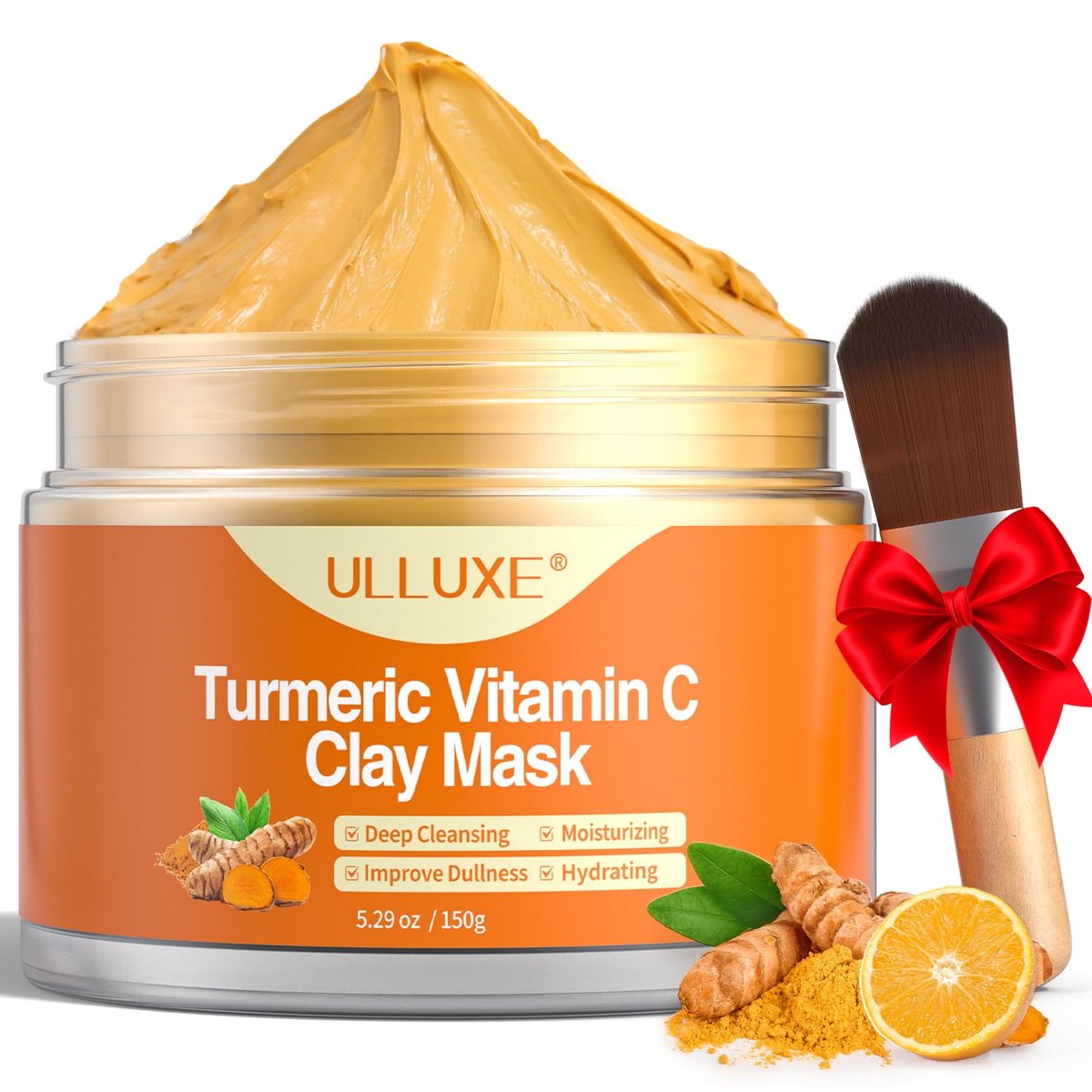 ulluxe Turmeric Vitamin C Clay Mask for Dark Spots, Dull Skin, Moisturizing - Face Mask for Pores, Blackheads, Uneven Skin Tone (5.29 oz) - görsel 1