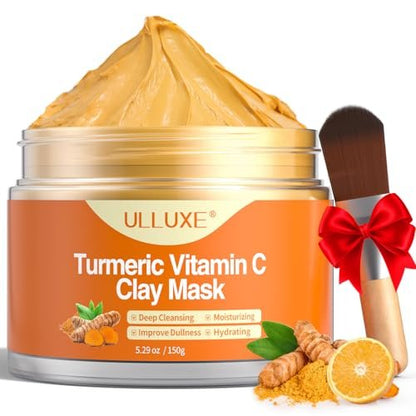 ulluxe Turmeric Vitamin C Clay Mask for Dark Spots, Dull Skin, Moisturizing - Face Mask for Pores, Blackheads, Uneven Skin Tone (5.29 oz)