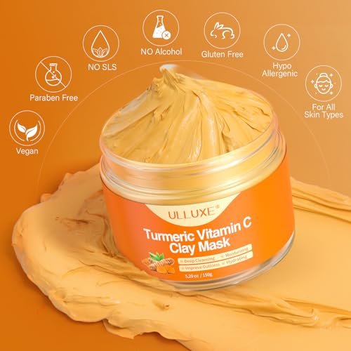 ulluxe Turmeric Vitamin C Clay Mask for Dark Spots, Dull Skin, Moisturizing - Face Mask for Pores, Blackheads, Uneven Skin Tone (5.29 oz) - görsel 16