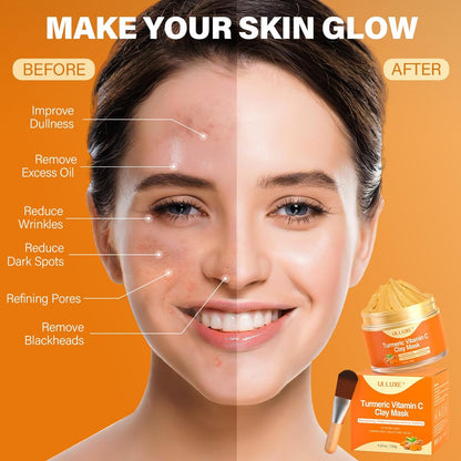 ulluxe Turmeric Vitamin C Clay Mask for Dark Spots, Dull Skin, Moisturizing - Face Mask for Pores, Blackheads, Uneven Skin Tone (5.29 oz)