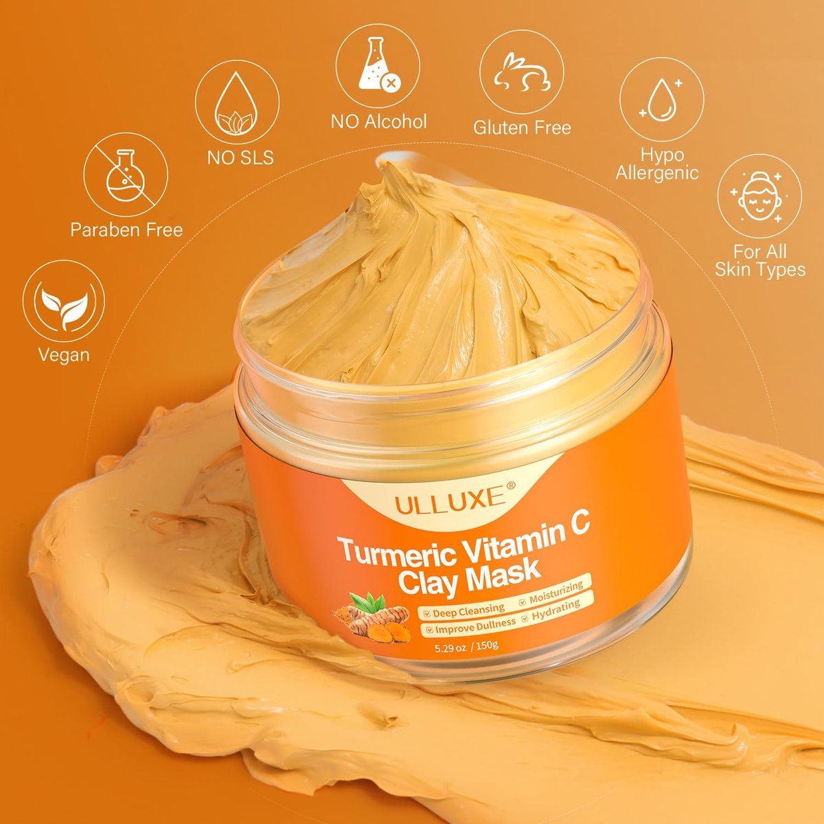 ulluxe Turmeric Vitamin C Clay Mask for Dark Spots, Dull Skin, Moisturizing - Face Mask for Pores, Blackheads, Uneven Skin Tone (5.29 oz) - görsel 15