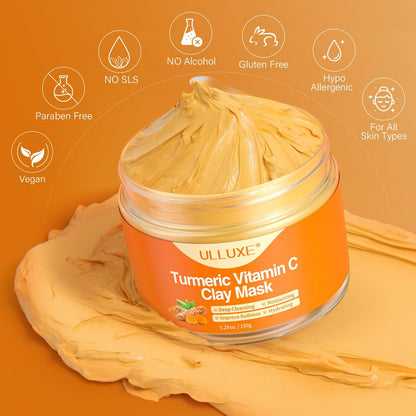 ulluxe Turmeric Vitamin C Clay Mask for Dark Spots, Dull Skin, Moisturizing - Face Mask for Pores, Blackheads, Uneven Skin Tone (5.29 oz)