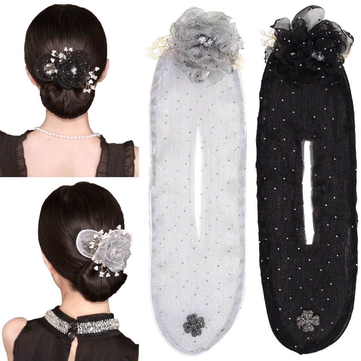 2 PCS Flower Deft Bun Maker – Crystal Rhinestone French Hair Bun Roller for Long Thick Hair – Women's Hair Styling Tool - görsel 1