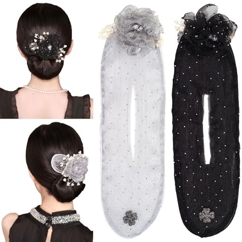 2 PCS Flower Deft Bun Maker – Crystal Rhinestone French Hair Bun Roller for Long Thick Hair – Women's Hair Styling Tool - görsel 2