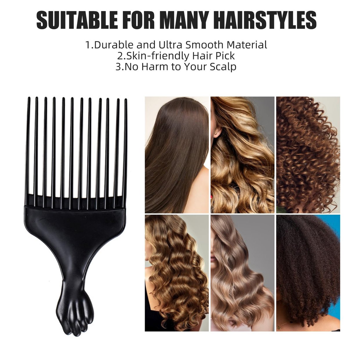 Soft 'N Style Plastic Hair Pick Combs for Women and Men - 3 Pack Black Detangling Combs for Afro, Curly Hair Braiding and Styling - görsel 12