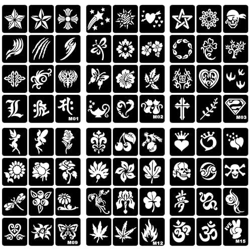PADOUN Temporary Tattoo Stencils Kit - 6 Sheets A4 Size Star & Floral Henna Designs for Kids & Adults - Glitter Henna Face and Body Paint Stencils - görsel 2
