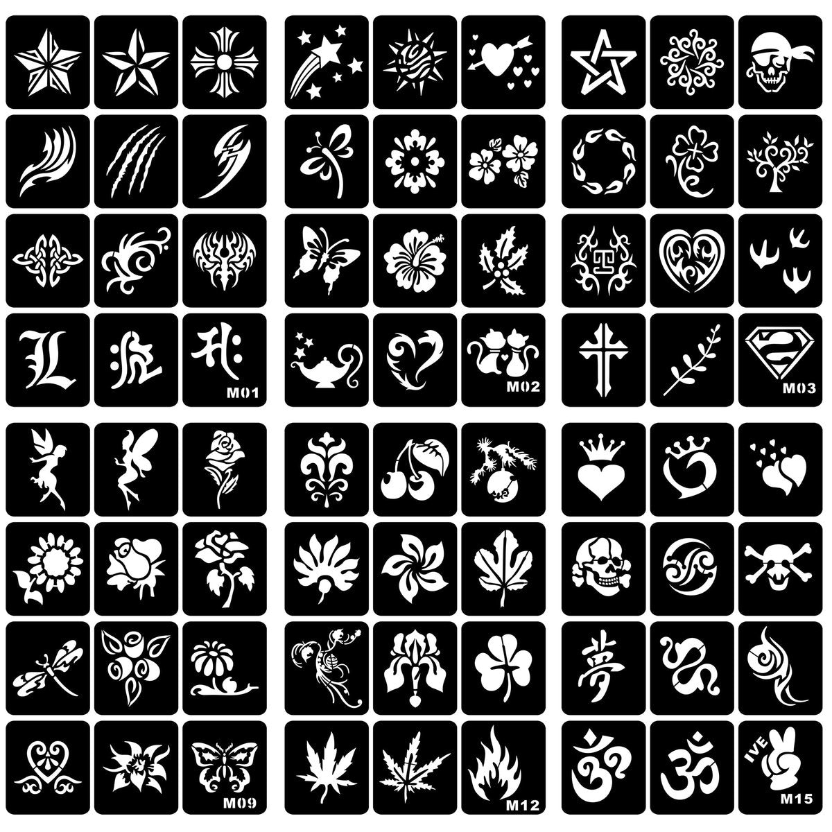 PADOUN Temporary Tattoo Stencils Kit - 6 Sheets A4 Size Star & Floral Henna Designs for Kids & Adults - Glitter Henna Face and Body Paint Stencils - görsel 1