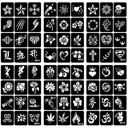 PADOUN Temporary Tattoo Stencils Kit - 6 Sheets A4 Size Star & Floral Henna Designs for Kids & Adults - Glitter Henna Face and Body Paint Stencils