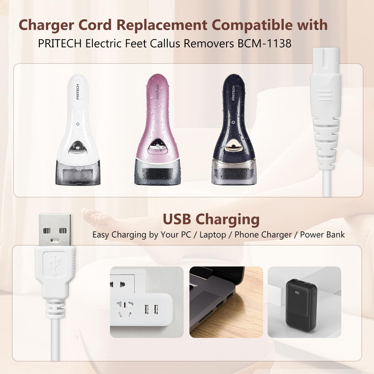 2 Pack Replacement Charger Cable for Electric Callus Remover - Compatible with Pritech BCM-1138 & Most Electric Foot Callus Removers - görsel 3