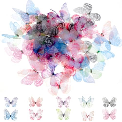 60 Pcs Colorful Organza Butterfly Appliques – 3D Lace Fabric Butterflies for DIY Crafts, Wedding Party Decor, Clothing Embellishments, Home Decoration (10 Styles) - görsel 2