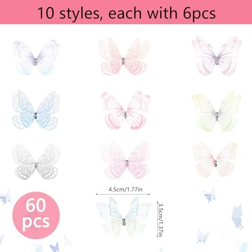 60 Pcs Colorful Organza Butterfly Appliques – 3D Lace Fabric Butterflies for DIY Crafts, Wedding Party Decor, Clothing Embellishments, Home Decoration (10 Styles) - görsel 4