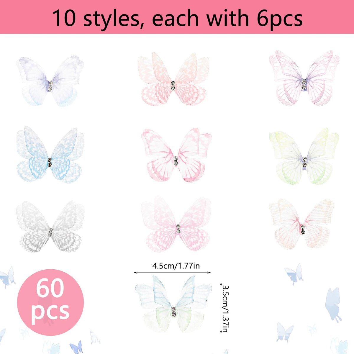 60 Pcs Colorful Organza Butterfly Appliques – 3D Lace Fabric Butterflies for DIY Crafts, Wedding Party Decor, Clothing Embellishments, Home Decoration (10 Styles) - görsel 3