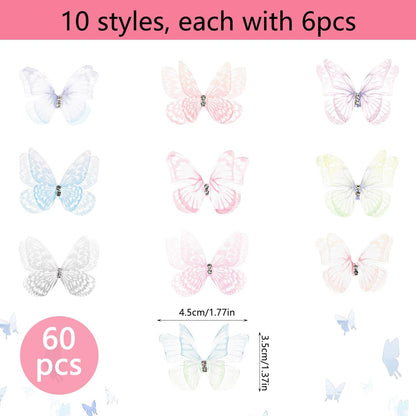 60 Pcs Colorful Organza Butterfly Appliques – 3D Lace Fabric Butterflies for DIY Crafts, Wedding Party Decor, Clothing Embellishments, Home Decoration (10 Styles)