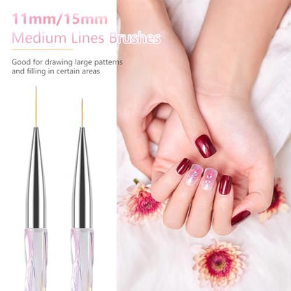 TEOYALL Nail Art Liner Brushes Set – Fine Line Precision Drawing Brushes for Gel Nail Polish (7/9/11/15/20mm)