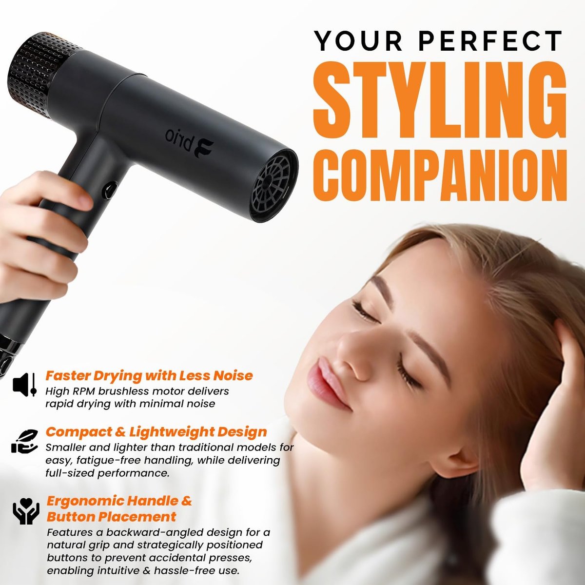 Brio Compact Hair Dryer with Digital Brushless Motor | Lightweight Travel Blow Dryer (Black) - görsel 7