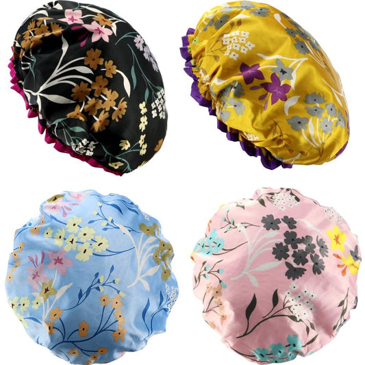 4 Pack Reusable Waterproof Satin Shower Caps with PEVA Lining – Double Layer Elastic Large Shower Hats for Women, Girls, Long Hair (Multicolor, 28cm)