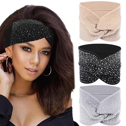 Sliverdew Sparkly Head Wraps for Black Women – 3 Pack Crystal Wide Headbands, Bling Fancy Head Scarf Turban, Stretchy Hair Bands African Elastic Hair Accessories - görsel 2