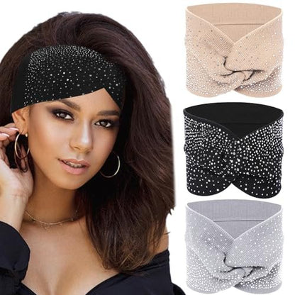 Sliverdew Sparkly Head Wraps for Black Women – 3 Pack Crystal Wide Headbands, Bling Fancy Head Scarf Turban, Stretchy Hair Bands African Elastic Hair Accessories