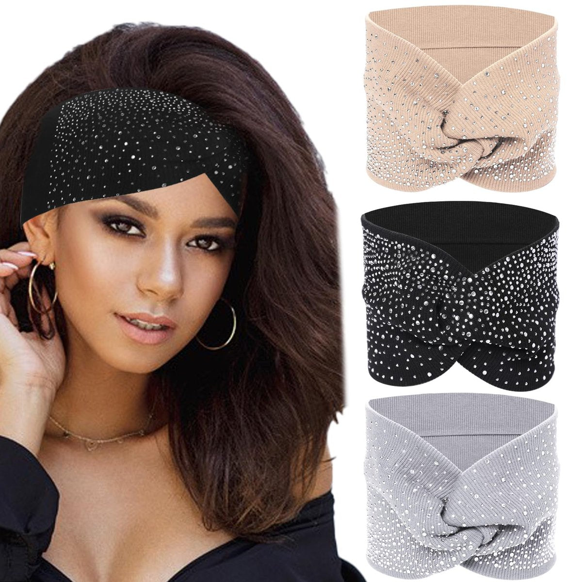 Sliverdew Sparkly Head Wraps for Black Women – 3 Pack Crystal Wide Headbands, Bling Fancy Head Scarf Turban, Stretchy Hair Bands African Elastic Hair Accessories - görsel 1