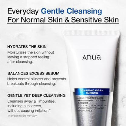 ANUA Hydrating Gentle Foaming Cleanser – Daily Face Wash for Double Cleansing, Hyaluronic Acid, Zinc, Panthenol, for Dry & Sensitive Skin, Sebum Balance Facial Cleanser, Korean Skincare, 5.07 fl. oz Avelisse