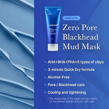 Medicube Zero Pore Blackhead Mud Facial Mask - Cooling Pore Tightening 3-Minute Quick Dry Formula with AHA, BHA, PHA & Purifying Clay - Korean Mud Mask 3.52 oz Avelisse