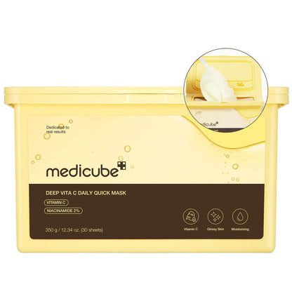 Medicube Deep Vita C Daily Quick 30 Sheet Masks - Vegan Certified, Quick Dispenser, Triple Vitamin Complex for Radiance and Hydration - Korean Face Masks