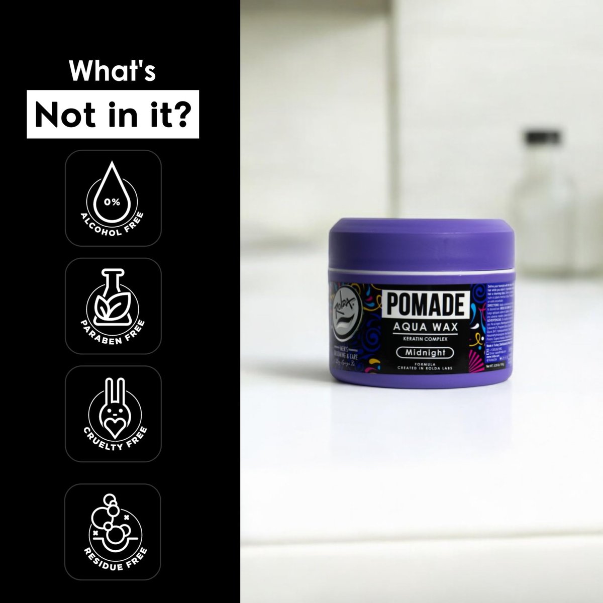 Rolda Midnight Hair Pomade for Men – Water-Based, Flake-Free Medium Hold & Shine with Keratin Complex (5.29 oz) Avelisse