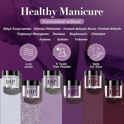 AZUREBEAUTY Dip Powder Nail Set - 6 Colors Purple Rose Red Glitter Dipping Powder Starter Kit for French Nail Art Manicure DIY Salon, No Nail Lamp Needed