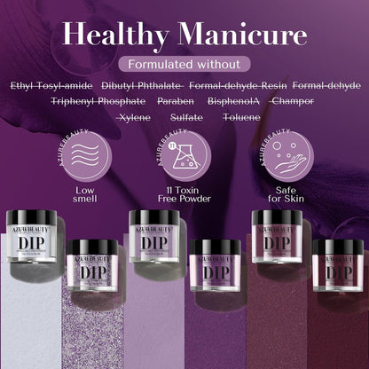 AZUREBEAUTY Dip Powder Nail Set - 6 Colors Purple Rose Red Glitter Dipping Powder Starter Kit for French Nail Art Manicure DIY Salon, No Nail Lamp Needed
