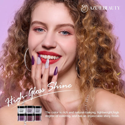 AZUREBEAUTY Dip Powder Nail Set - 6 Colors Purple Rose Red Glitter Dipping Powder Starter Kit for French Nail Art Manicure DIY Salon, No Nail Lamp Needed