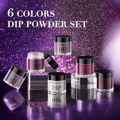 AZUREBEAUTY Dip Powder Nail Set - 6 Colors Purple Rose Red Glitter Dipping Powder Starter Kit for French Nail Art Manicure DIY Salon, No Nail Lamp Needed
