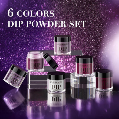 AZUREBEAUTY Dip Powder Nail Set - 6 Colors Purple Rose Red Glitter Dipping Powder Starter Kit for French Nail Art Manicure DIY Salon, No Nail Lamp Needed