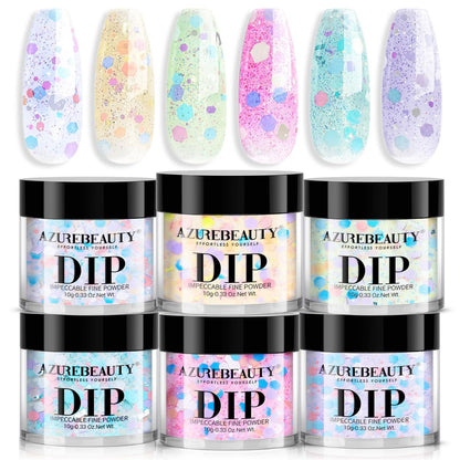 AZUREBEAUTY Dip Powder Nail Set - 6 Spring Colors Pink Purple Green Glitter Cheese, Natural Dipping Powder Starter Kit for French Nail Art Manicure DIY Salon, No Nail Lamp Needed