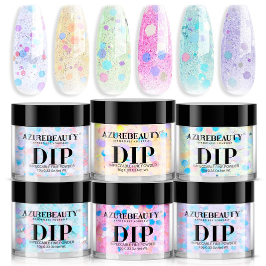AZUREBEAUTY Dip Powder Nail Set - 6 Spring Colors Pink Purple Green Glitter Cheese, Natural Dipping Powder Starter Kit for French Nail Art Manicure DIY Salon, No Nail Lamp Needed