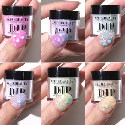 AZUREBEAUTY Dip Powder Nail Set - 6 Spring Colors Pink Purple Green Glitter Cheese, Natural Dipping Powder Starter Kit for French Nail Art Manicure DIY Salon, No Nail Lamp Needed