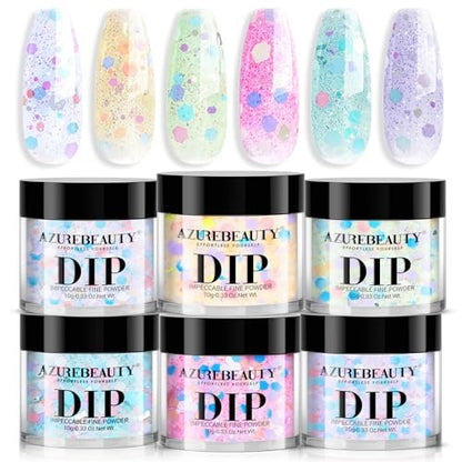 AZUREBEAUTY Dip Powder Nail Set - 6 Spring Colors Pink Purple Green Glitter Cheese, Natural Dipping Powder Starter Kit for French Nail Art Manicure DIY Salon, No Nail Lamp Needed