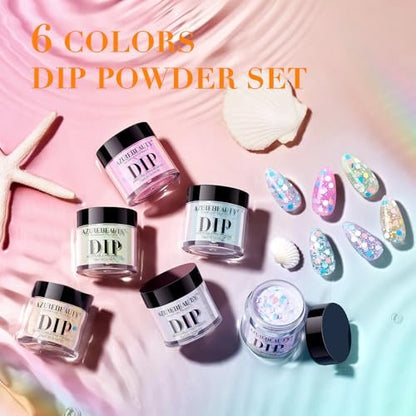 AZUREBEAUTY Dip Powder Nail Set - 6 Spring Colors Pink Purple Green Glitter Cheese, Natural Dipping Powder Starter Kit for French Nail Art Manicure DIY Salon, No Nail Lamp Needed