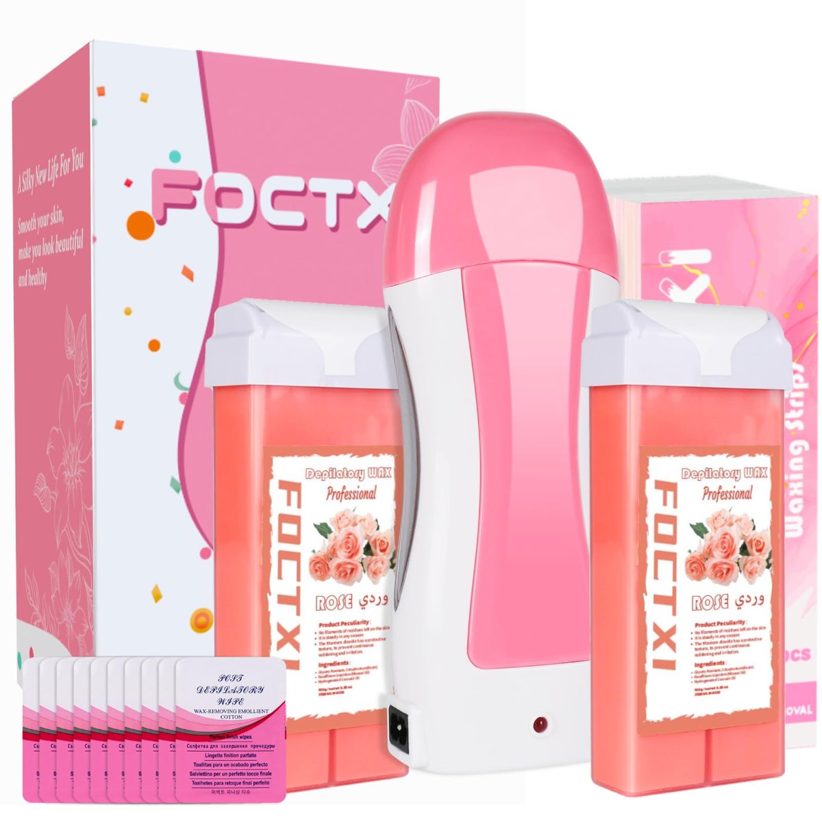 FOCTXI Hair Removal Kit with Roll On Wax and Strips – At Home Waxing Kit for Women and Men, Soft Pink, 7 oz Avelisse