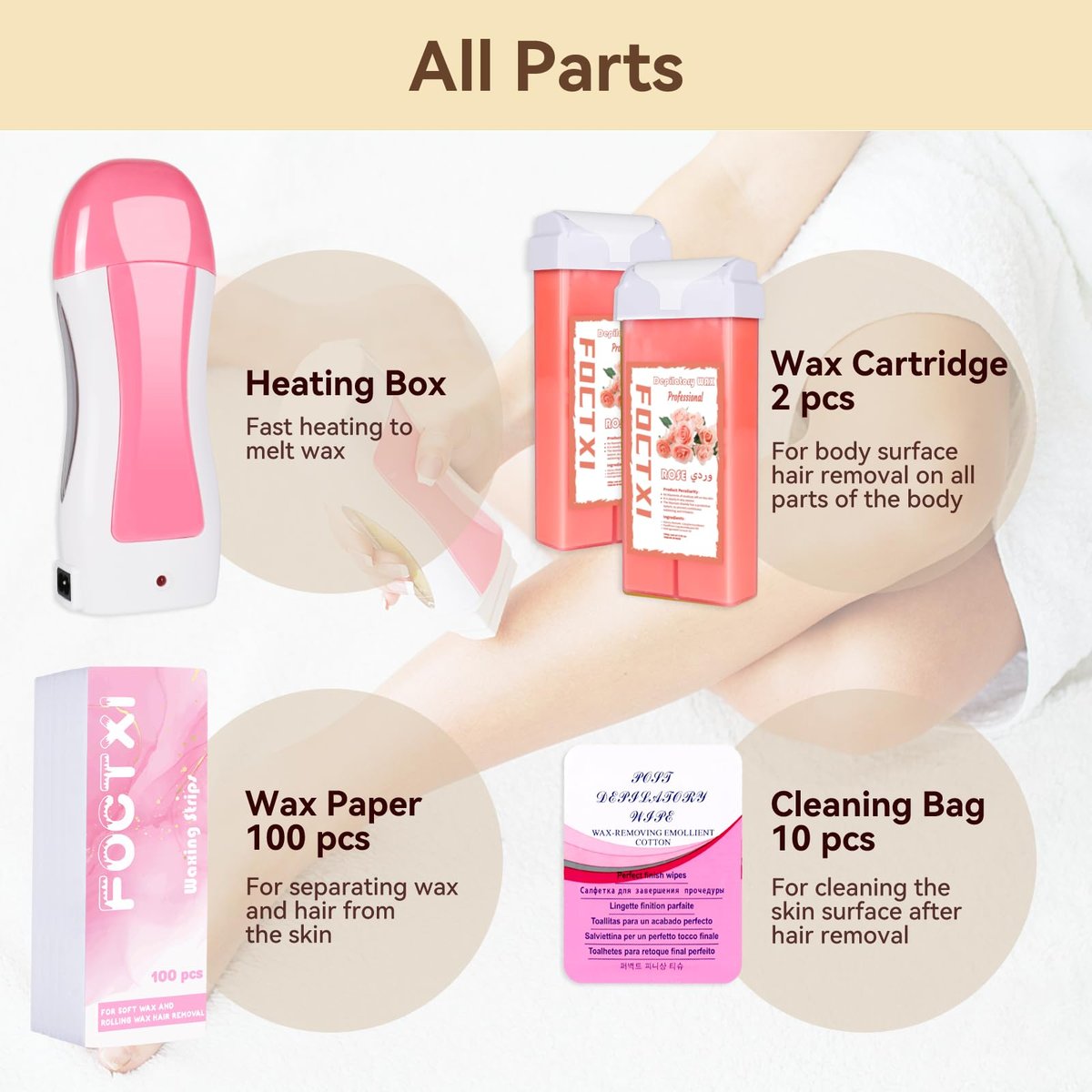 FOCTXI Hair Removal Kit with Roll On Wax and Strips – At Home Waxing Kit for Women and Men, Soft Pink, 7 oz Avelisse