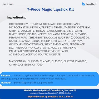 Bissú 7-Piece Magic Lipstick Kit - Shea Butter & Coconut Oil, Buildable Color, Natural Ingredients, Cranberry