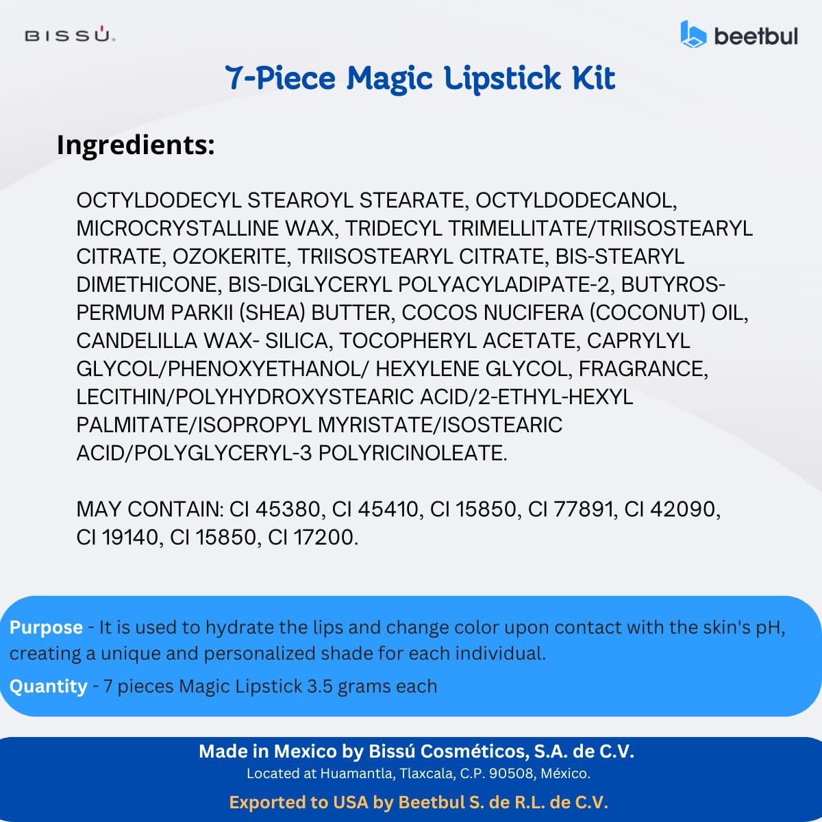 Bissú 7-Piece Magic Lipstick Kit - Shea Butter & Coconut Oil, Buildable Color, Natural Ingredients, Cranberry - görsel 5
