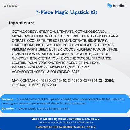 Bissú 7-Piece Magic Lipstick Kit - Shea Butter & Coconut Oil, Buildable Color, Natural Ingredients, Cranberry
