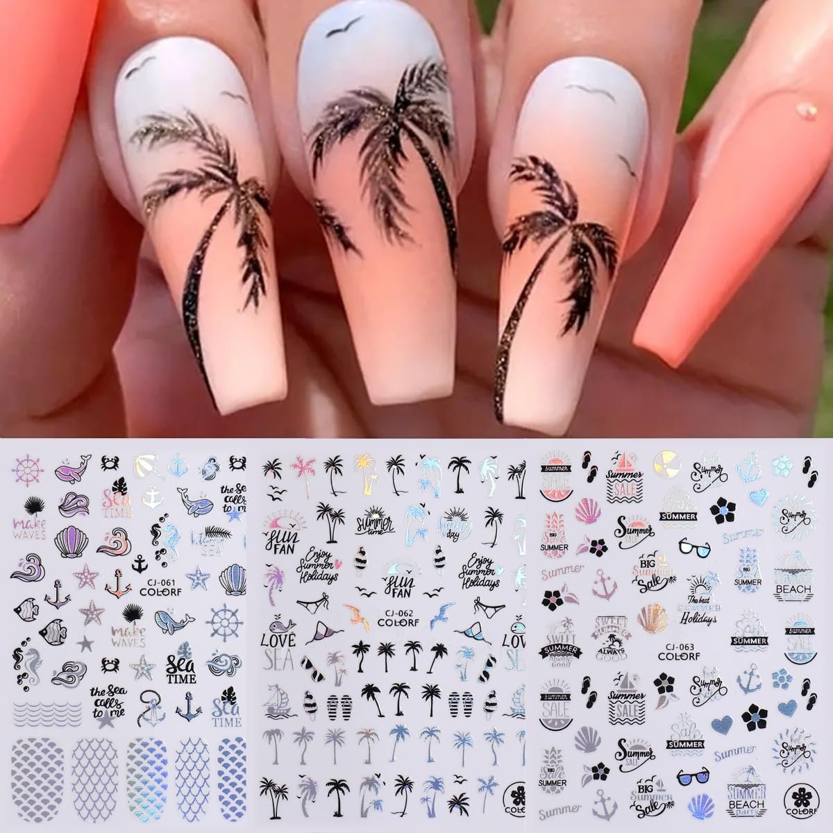 6-Pack Summer Nail Art Stickers – Palm Tree, Starfish & Tropical Coconut Tree Decals for Beach-Themed Manicure - görsel 3