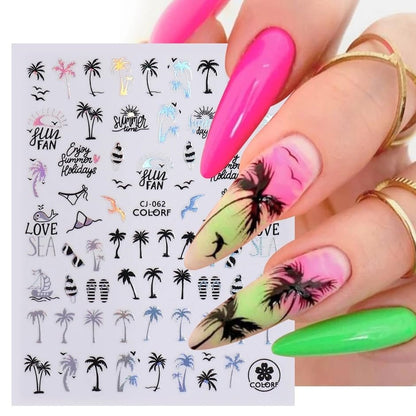 6-Pack Summer Nail Art Stickers – Palm Tree, Starfish & Tropical Coconut Tree Decals for Beach-Themed Manicure