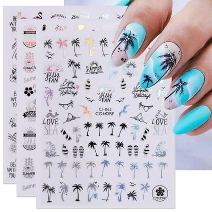 6-Pack Summer Nail Art Stickers – Palm Tree, Starfish & Tropical Coconut Tree Decals for Beach-Themed Manicure