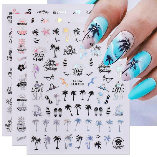 6-Pack Summer Nail Art Stickers – Palm Tree, Starfish & Tropical Coconut Tree Decals for Beach-Themed Manicure